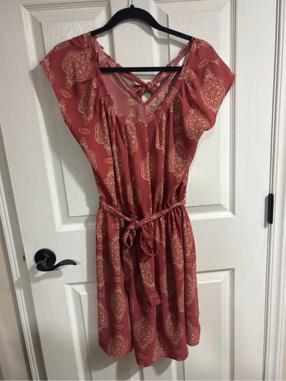 LC Lauren Conrad Rust Paisley Tie-Waist Mini Dress